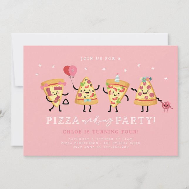 Invitation Anniversaire Fête Pizza Filles Mignonne (Devant)