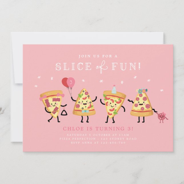 Invitation anniversaire fête pizza mignonne, tranc (Devant)
