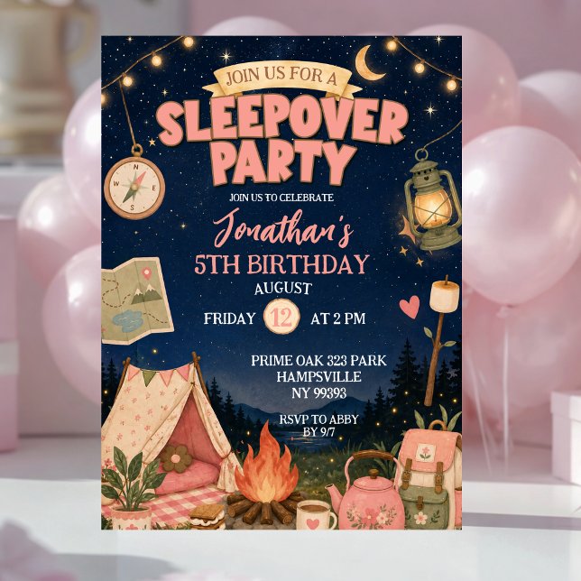 Invitation Anniversaire Fête Pyjama de Camping Rose Bohème (Créateur téléchargé)