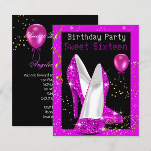 Invitation Anniversaire Fête Rose Pailleté Noir 16 Ans Douce