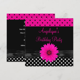 Invitation Anniversaire Fête Tache Point Noir Blanc Rose