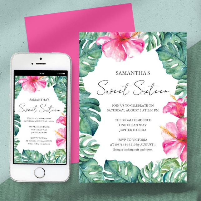 Invitation Anniversaire Fête Tropical Aloha Thème (Birthday party sweet 16 invitation tropical watercolor art and design by Victoria Grigaliunas)
