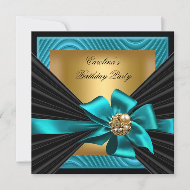 Invitation Anniversaire fête Turquoise or noir ripple (Devant)