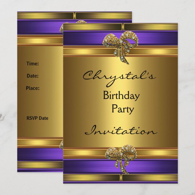 Invitation Anniversaire Fête Violet Or Bijou Nœud (Devant / Derrière)