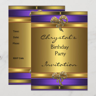 Invitation Anniversaire Fête Violet Or Bijou Ruban