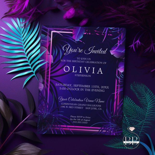 Invitation Anniversaire | Feuillage Tropical Néon Époustoufla (Créateur téléchargé)