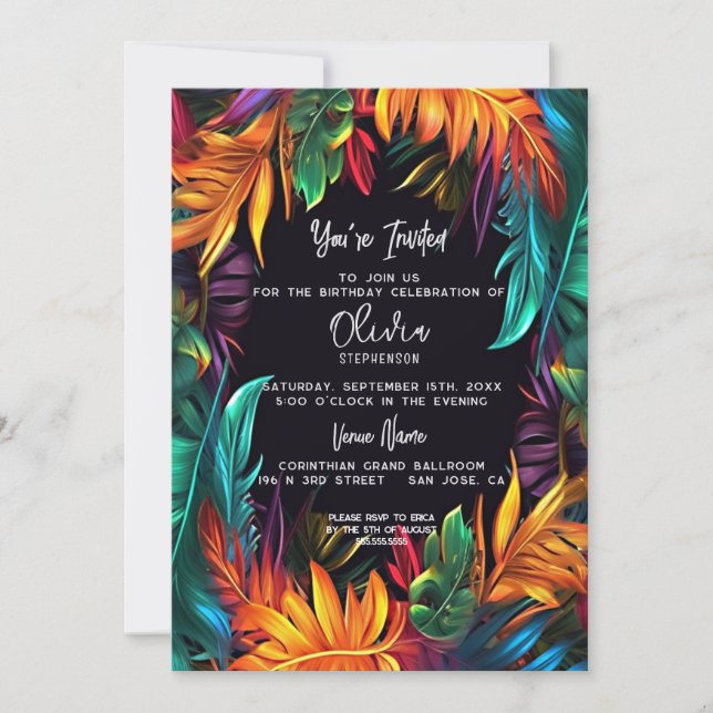 Invitation Anniversaire | Feuillage Tropical Néon Gras (Devant)