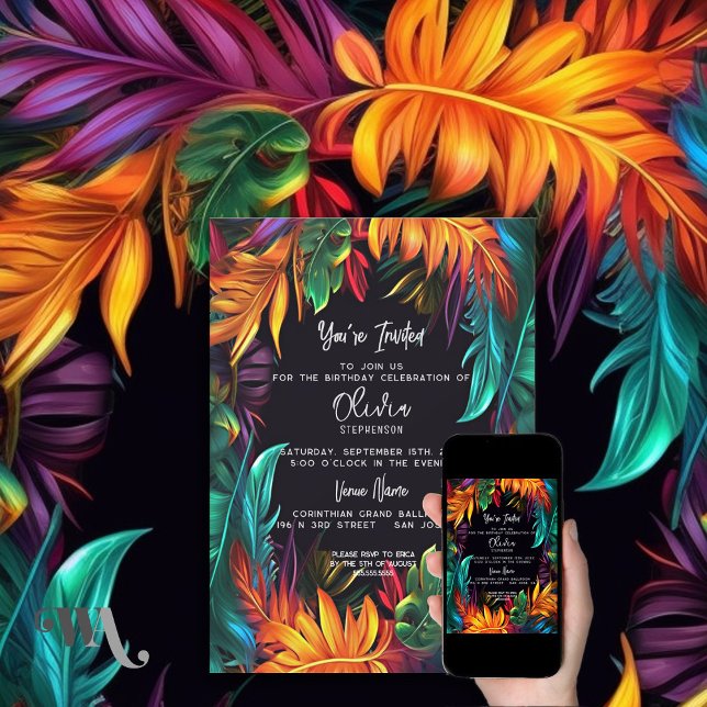 Invitation Anniversaire | Feuillage Tropical Néon Gras (Créateur téléchargé)