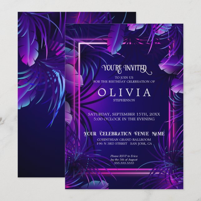 Invitation Anniversaire | Feuillage Tropical Néon Violet (Devant / Derrière)