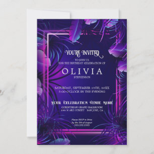 Invitation Anniversaire Feuillage Tropical Violet Néon