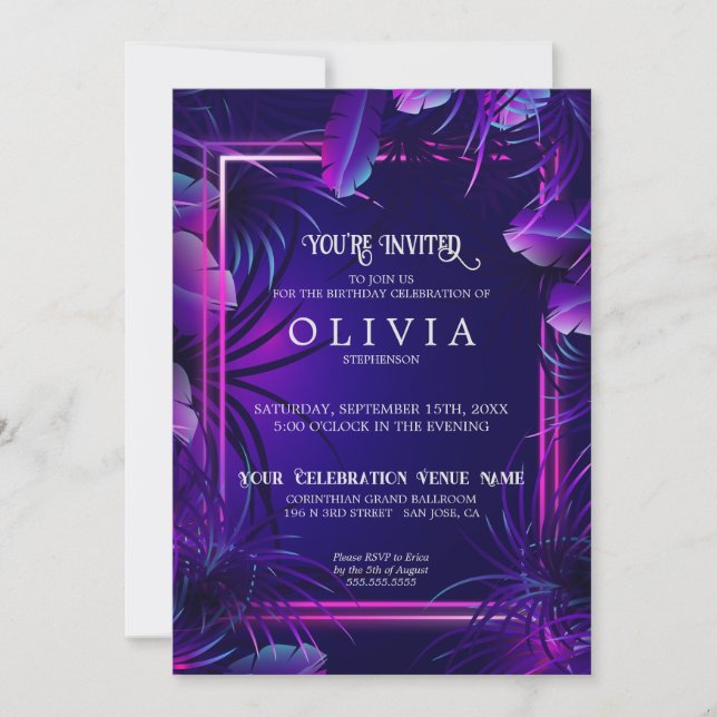Invitation Anniversaire | Feuillage Tropical Violet Néon (Devant)