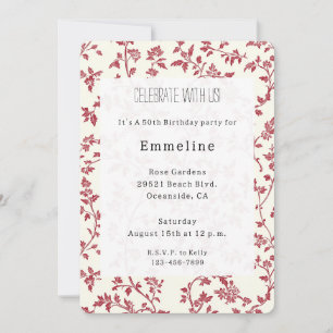 Invitation Anniversaire Feuilles Rouges Crème Romantique