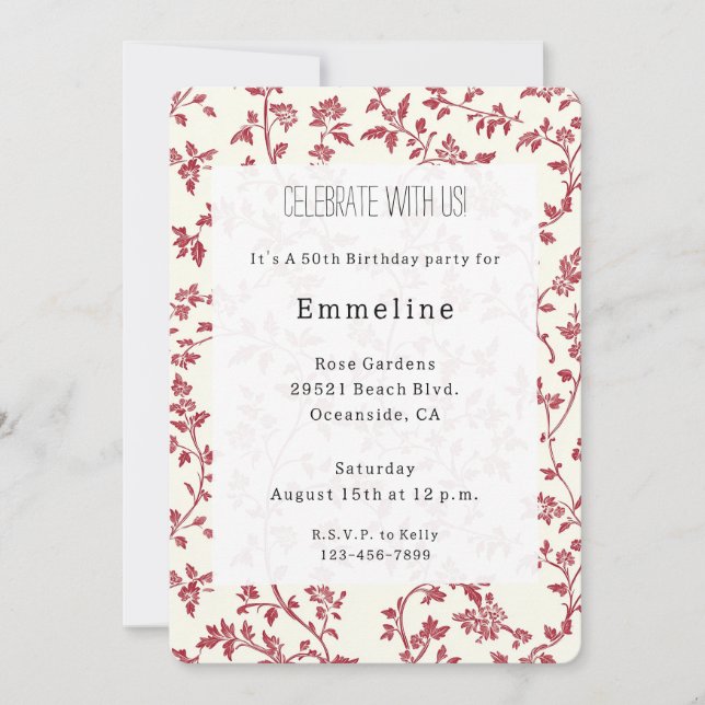 Invitation Anniversaire Feuilles Rouges Crème Romantique (Devant)