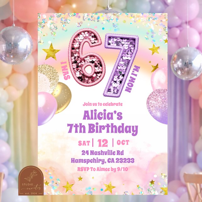 Invitation Anniversaire Fille 67 Paillettes Pastel (Créateur téléchargé)