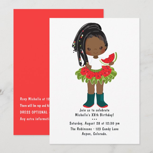 Invitation Anniversaire Fille Américaine Noire Tutu Pastèque (Devant / Derrière)