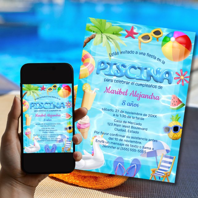 Invitation Anniversaire Fille avec Piscine de Jeux Espagnole (Créateur téléchargé)