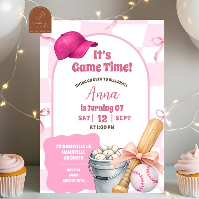 Invitation Anniversaire Fille Baseball Ruban Rétro (Créateur téléchargé)