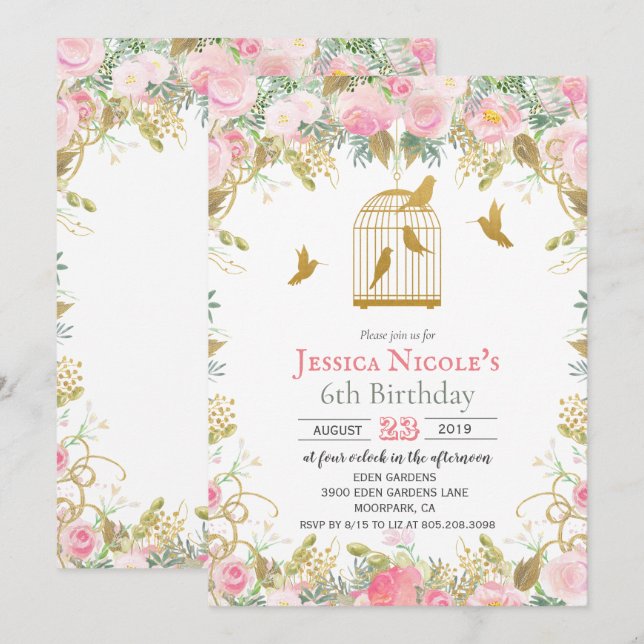 Invitation anniversaire Fille - Cage à oiseaux flo (Devant / Derrière)