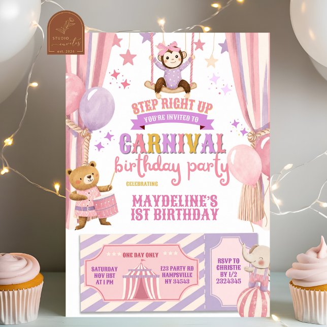Invitation Anniversaire Fille Carnaval Cirque Rose Violet (Créateur téléchargé)