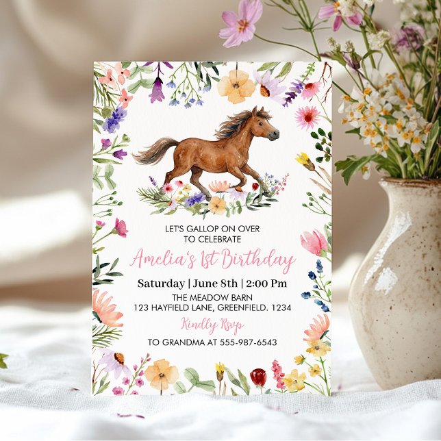 Invitation Anniversaire Fille Cheval Rustique Fleur Sauvage (Créateur téléchargé)