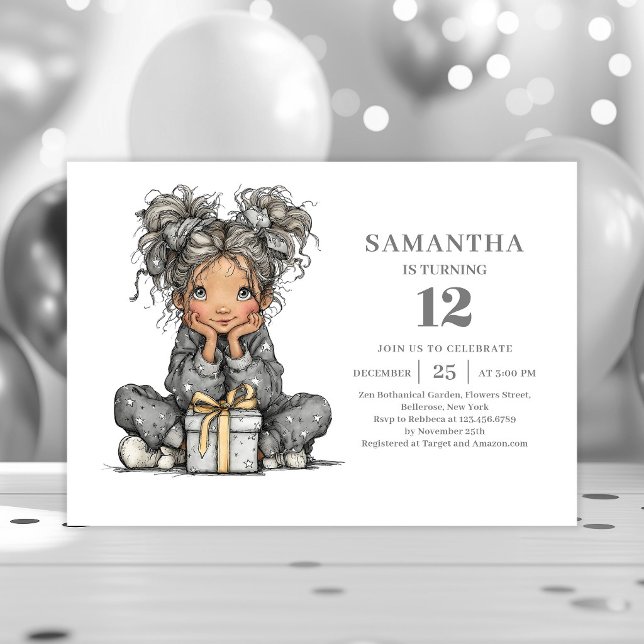 Invitation Anniversaire Fille Chic Fantaisie Noir  (Whimsical Chic Girl Birthday Black Gold invitation)