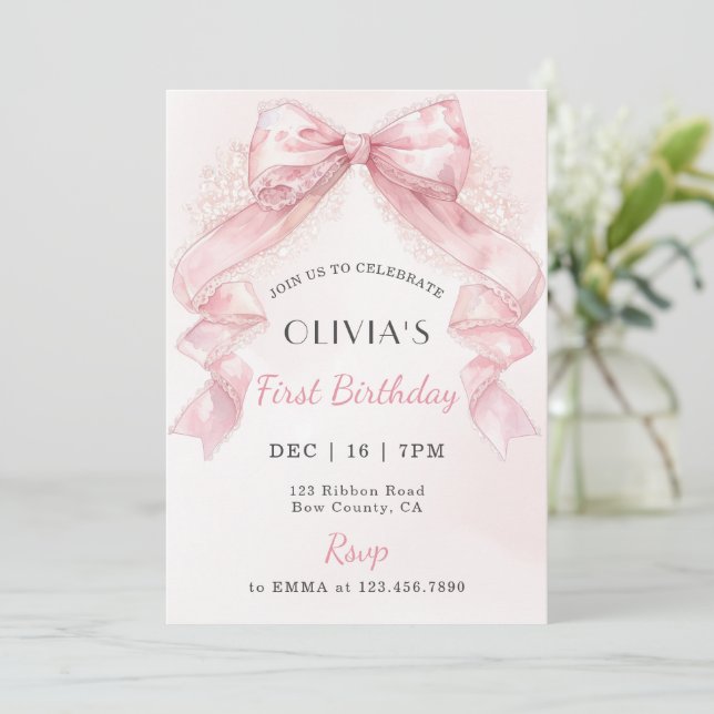 Invitation Anniversaire Fille Coquette Rose Ruban  (Debout devant)