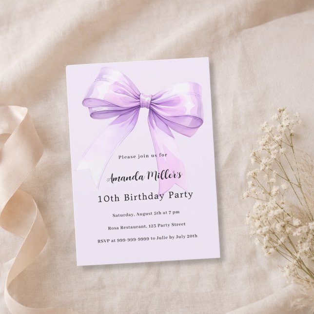Invitation Anniversaire fille coquette ruban lavande (Créateur téléchargé)