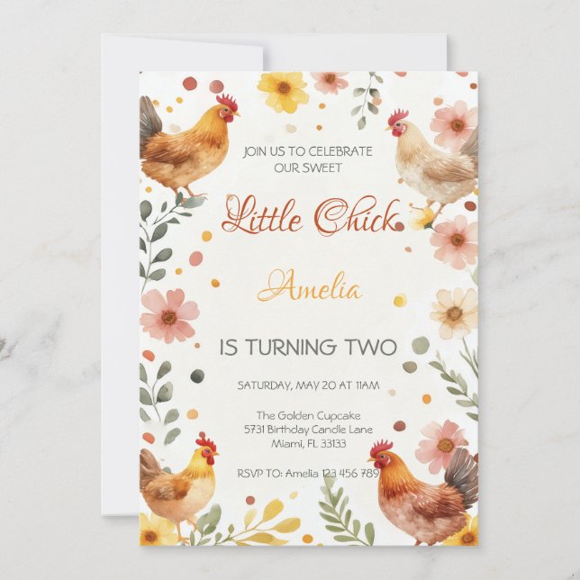Invitation Anniversaire Fille de Ferme Poulet Aquarelle Rusti (Devant)