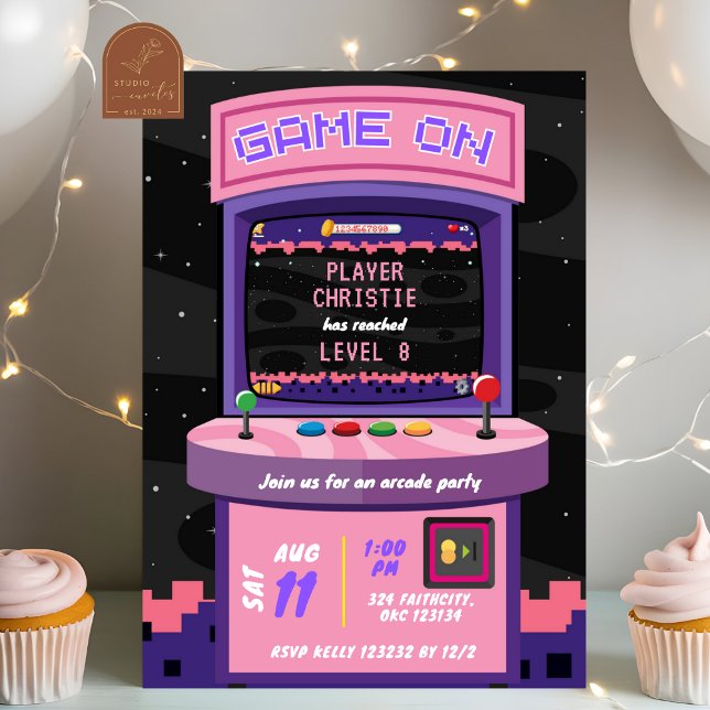 Invitation Anniversaire Fille de Jeux d'Arcade Néon Rose Viol (Créateur téléchargé)