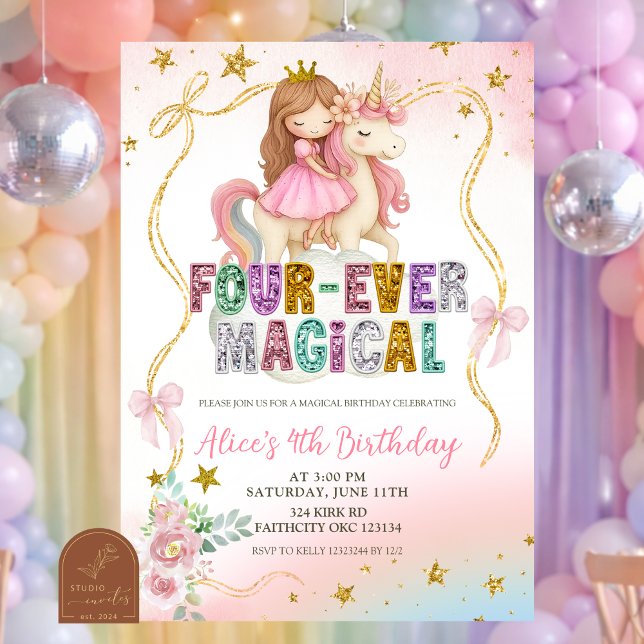 Invitation Anniversaire Fille et Licorne Paillettes Pastel Ar (Créateur téléchargé)