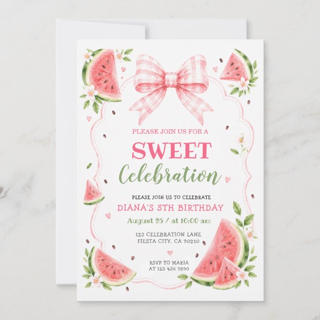Invitation Anniversaire Fille Été Pastèque Tout Âge  (Devant)