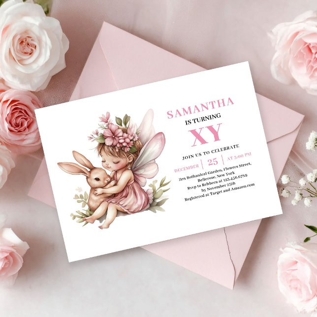 Invitation anniversaire Fille fée magique fleurs r (Magical Fairy Girl Birthday Pink Floral invitation)