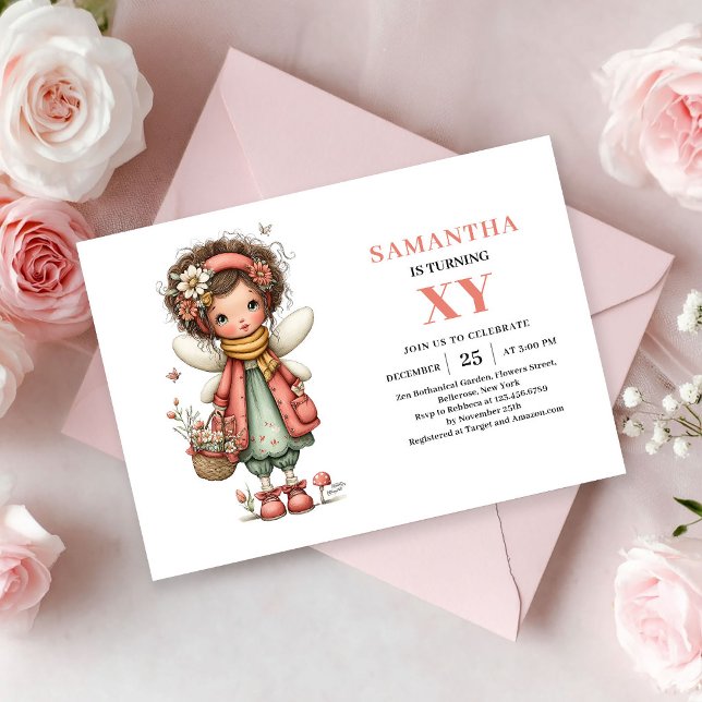 Invitation anniversaire Fille fée magique fleurs r (Magical Fairy Girl Birthday Pink Floral invitation)