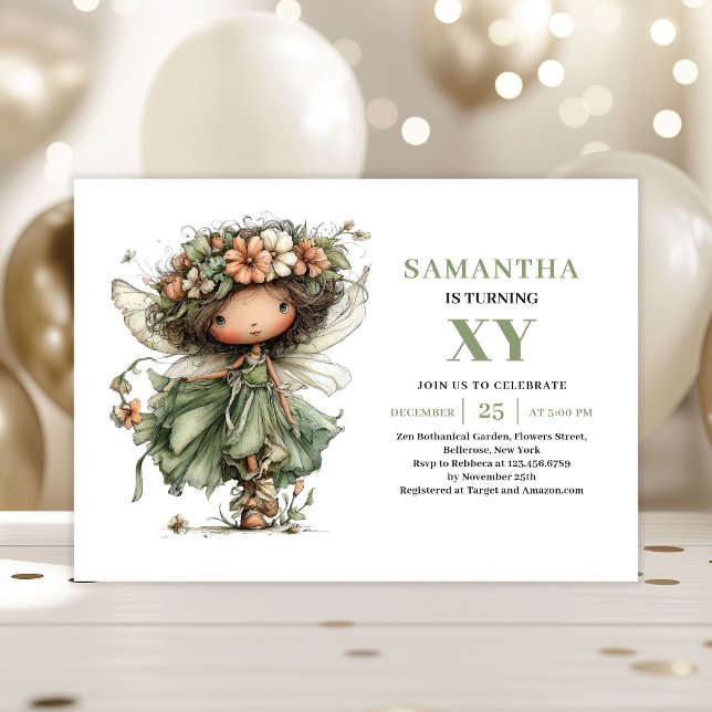 Invitation Anniversaire Fille Fée Magique Vert Pou (Magical Fairy Girl Birthday Dusty Green Invitation)