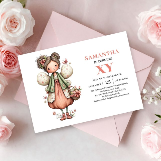 Invitation Anniversaire Fille Fée Mignonne Pastel  (Cute Fairy Girl Birthday Pastel Blush invitation)