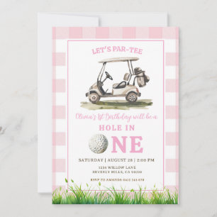 Invitation Anniversaire fille golf en vichy rose trou en un