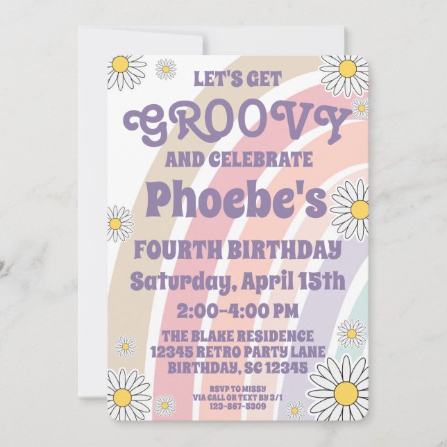 Invitation Anniversaire Fille Groovy Hippy Boho Arc-en-Ciel & (Devant)