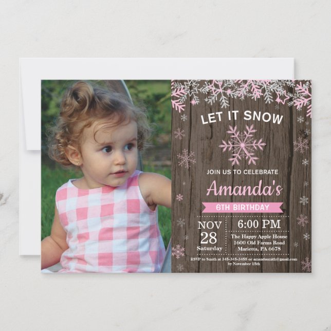 Invitation Anniversaire Fille Hiver Rustique Flocon de Neige  (Devant)