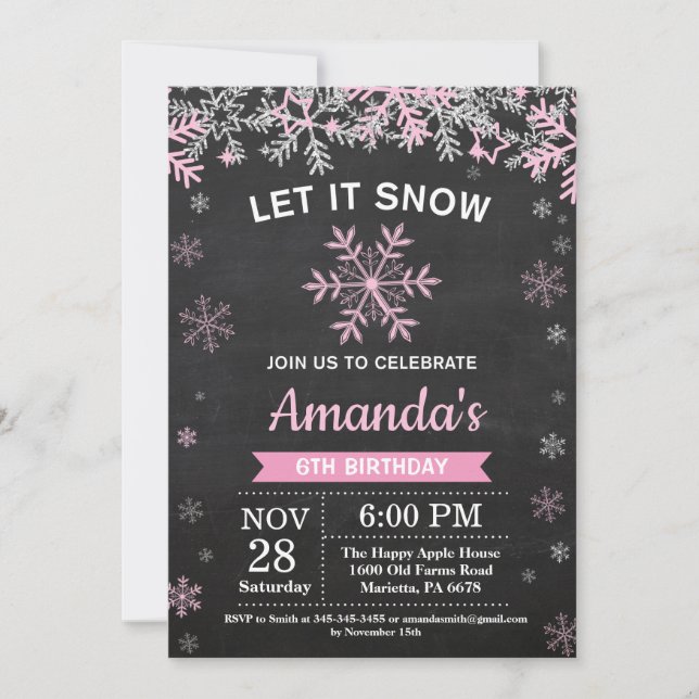 Invitation Anniversaire Fille Hiver Rustique Flocon de Neige  (Devant)