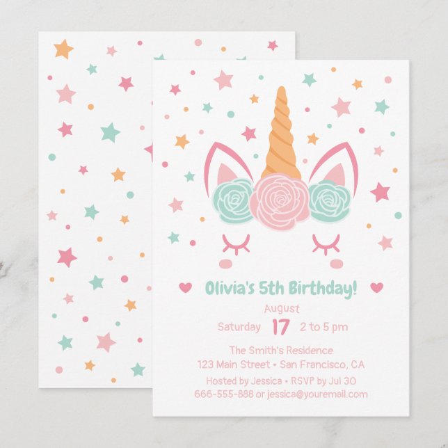 Invitation Anniversaire Fille Licorne Corne Rose et Menthe (Devant / Derrière)