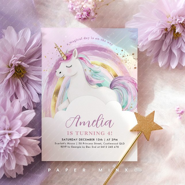 Invitation Anniversaire Fille Licorne Pastel Arc-en-ciel (Girl's Unicorn Pastel Rainbow Birthday Invitation)