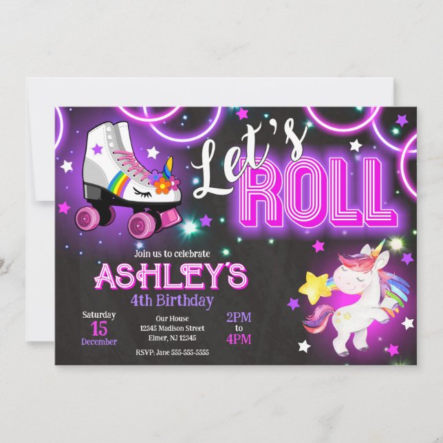Invitation Anniversaire Fille Licorne Roller Skating Neon Glo (Devant)
