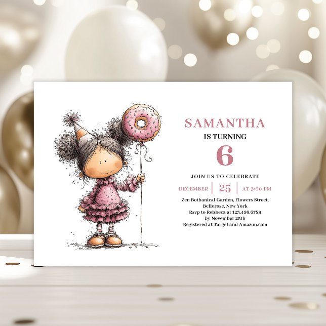 Invitation Anniversaire Fille Mignonne 6 ans Fichi (Cute Girl 6th Birthday Invite Dusty Pink File)