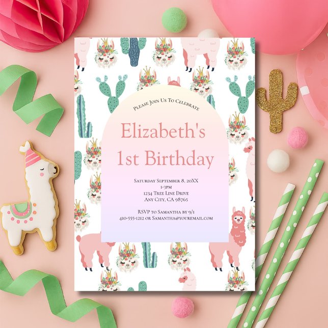 Invitation Anniversaire Fille Mignonne Llama Rose et Cactus V (llama and cactus pink and green girls birthday invitation)