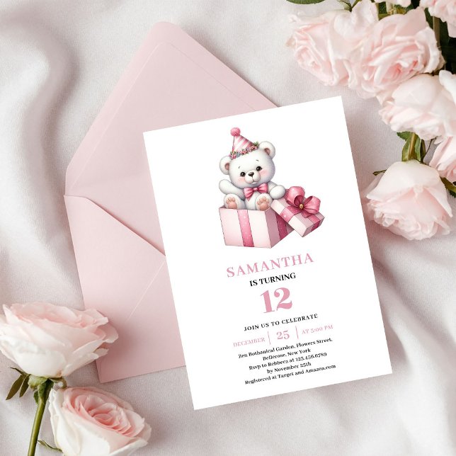 Invitation Anniversaire Fille Mignonne Ours en Pel (Cute Pink Girl Birthday Teddy Bear Balloon Invite)
