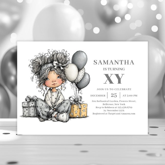 Invitation anniversaire fille moderne esquisse noi (Modern Sketch Girl Birthday Black Gold invitation)