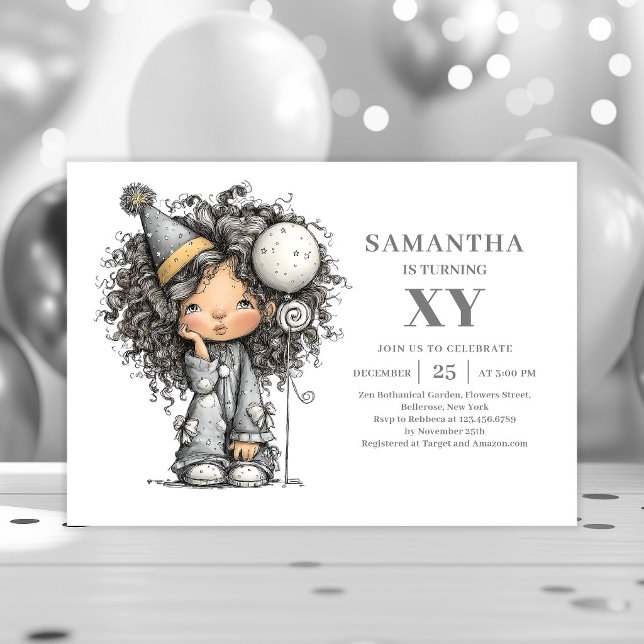 Invitation Anniversaire Fille Originale Tendance O (Whimsy Quirky Girl Birthday Trendy Gold invitation)