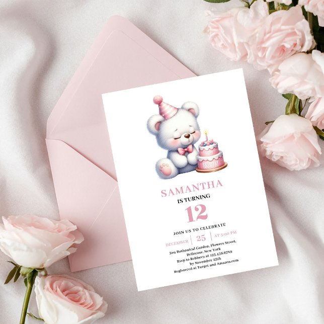 Invitation Anniversaire Fille Ours en Peluche Rose (Girl Birthday Pink Teddy Bear Ivory Balloon Invite)