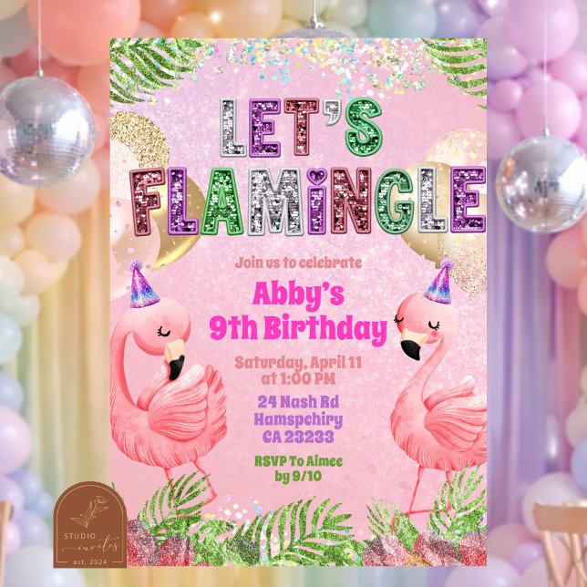 Invitation Anniversaire Fille Paillettes Flamingle  (Créateur téléchargé)
