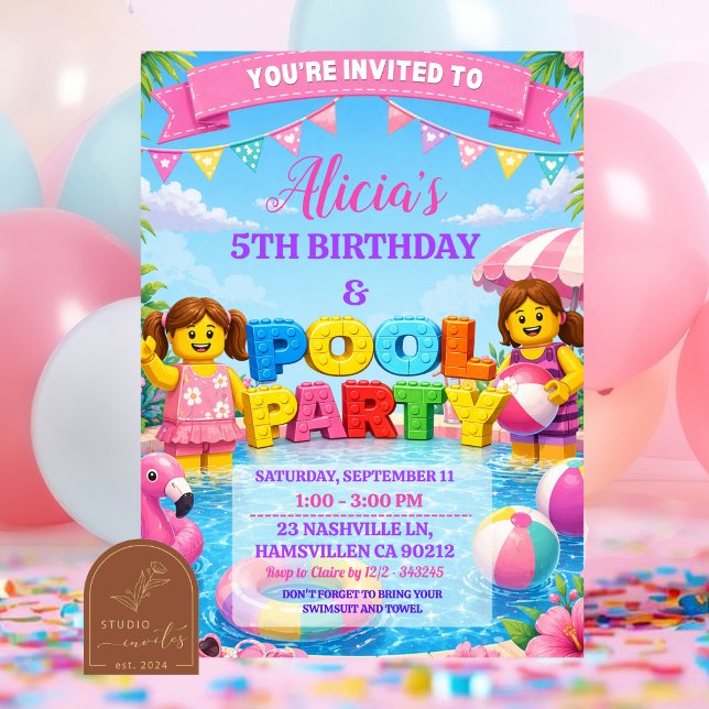 Invitation Anniversaire Fille Piscine Colorée Briq (Créateur téléchargé)
